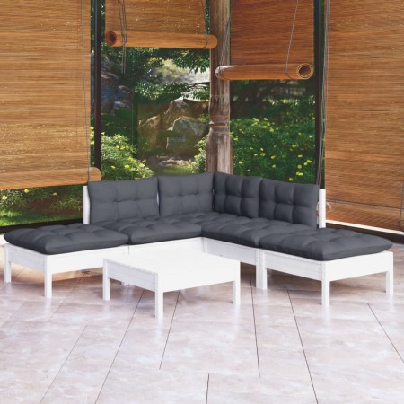 Set Divani da Giardino 6 pz con Cuscini Bianchi Legno di Pino