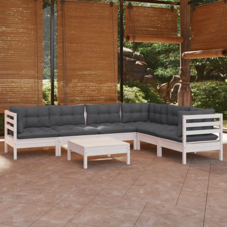 Set Divani da Giardino 7 pz con Cuscini Bianchi Legno di Pino