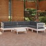 Set Divani da Giardino 7 pz con Cuscini Bianchi Legno di Pino