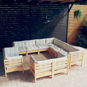 Set Divani da Giardino 11 pz con Cuscini Crema in Massello di Pino