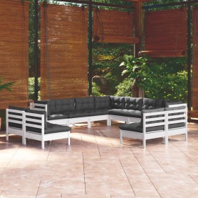 Set Divani da Giardino 11 pz con Cuscini Bianchi Legno di Pino