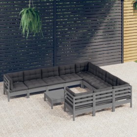 Set Divani da Giardino 11 pz con Cuscini Grigi Massello di Pino