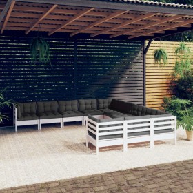 Set Divani da Giardino 11 pz con Cuscini Bianchi Legno di Pino