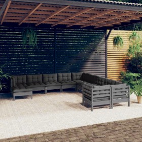 Set Divani da Giardino 11pz con Cuscini Massello di Pino Grigio