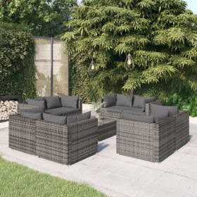 Set Divani da Giardino 9 pz con Cuscini in Polyrattan Grigio