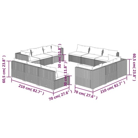 Set Divani da Giardino 12 pz con Cuscini in Polyrattan Grigio