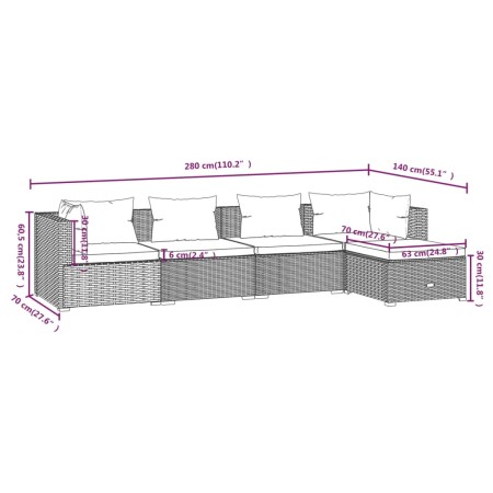 Set Divani da Giardino 5 pz con Cuscini in Polyrattan Grigio