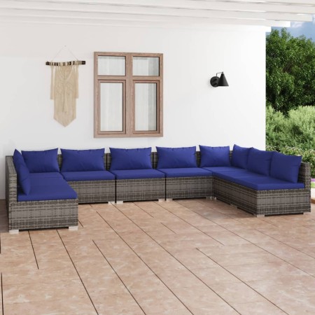 Set Divani da Giardino 9 pz con Cuscini in Polyrattan Grigio