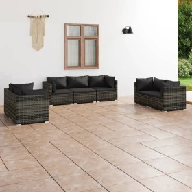 Set Divani da Giardino 7 pz con Cuscini in Polyrattan Grigio