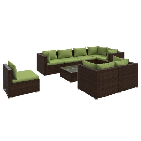 Set Divani da Giardino 9 pz con Cuscini in Polyrattan Marrone