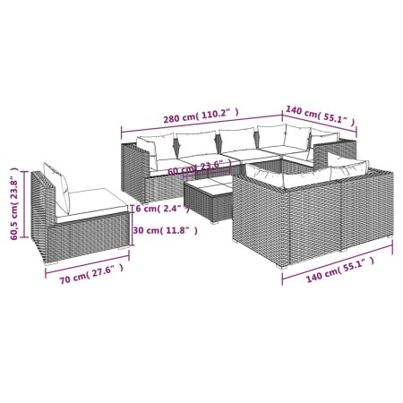 Set Divani da Giardino 9 pz con Cuscini in Polyrattan Marrone