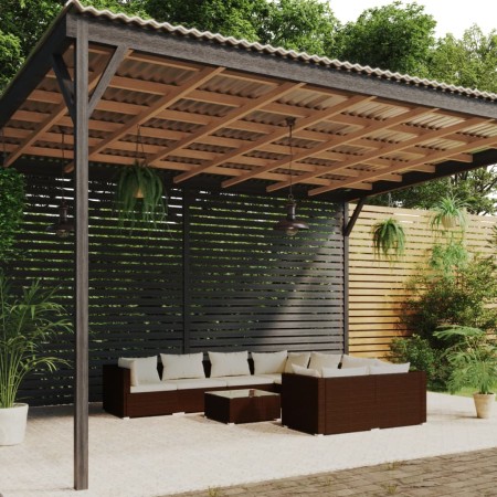 Set Divani da Giardino 9 pz con Cuscini in Polyrattan Marrone