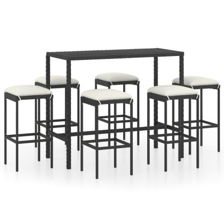 Set Bar da Giardino 7 pz con Cuscini in Polyrattan Nero