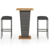 Set Bar da Giardino 3 pz con Cuscini in Polyrattan Grigio
