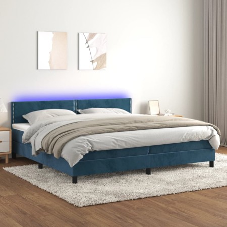 Letto a Molle con Materasso e LED Blu Scuro 200x200 cm