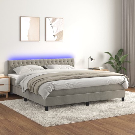 Letto a Molle Materasso e LED Grigio Chiaro 160x200 cm Velluto