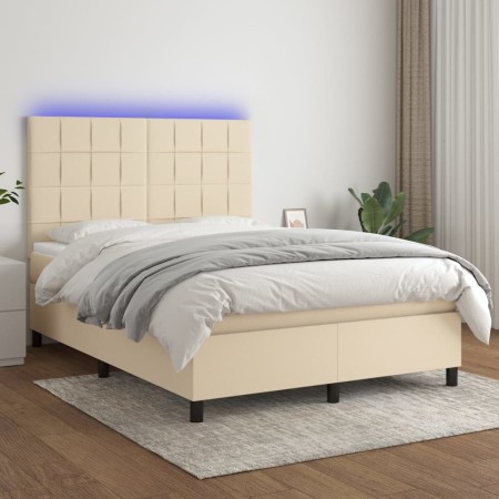 Letto a Molle con Materasso e LED Crema 140x200 cm in Tessuto