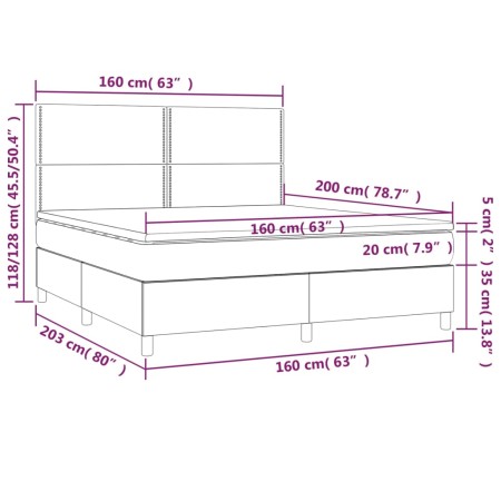 Letto a Molle con Materasso e LED Tortora 160x200 cm in Tessuto