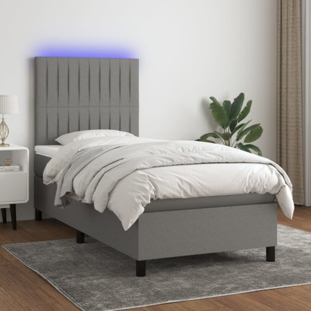 Letto a Molle Materasso e LED Grigio Scuro 90x190 cm in Tessuto