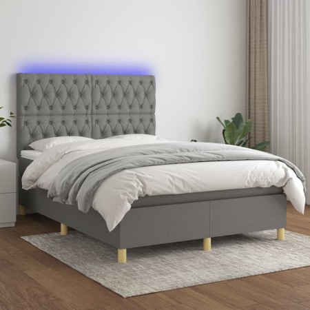 Letto a Molle Materasso e LED Grigio Scuro 140x190cm in Tessuto