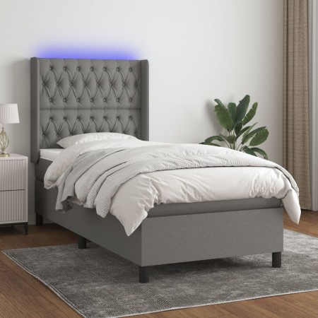 Letto a Molle Materasso e LED Grigio Scuro 90x190 cm in Tessuto