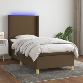 Letto a Molle Materasso e LED Marrone Scuro 90x200cm in Tessuto