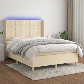 Letto a Molle con Materasso e LED Crema 140x200 cm in Tessuto