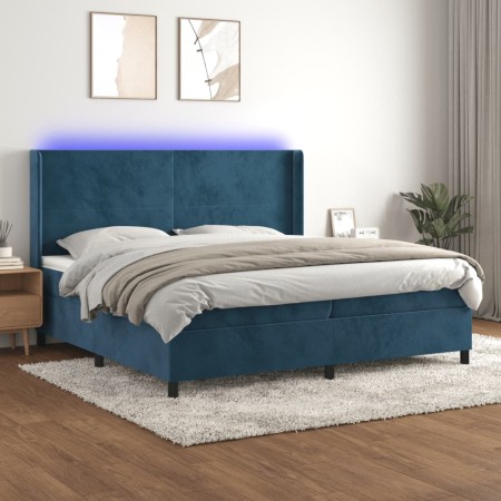 Letto a Molle con Materasso e LED Blu Scuro 200x200 cm