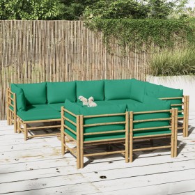 Set Salotto da Giardino 10pz con Cuscini Verdi Bambù