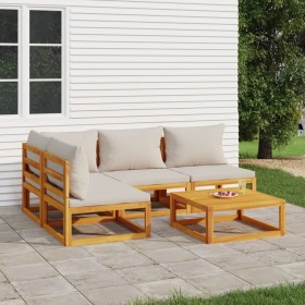 Set Salotto Giardino 5pz Cuscini Grigio Chiaro Legno Massello