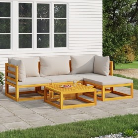 Set Salotto Giardino 5pz Cuscini Grigio Chiaro Legno Massello