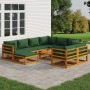 Set Salotto da Giardino 10pz con Cuscini Verdi Legno Massello