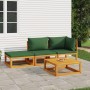 Set Salotto da Giardino 4 pz con Cuscini Verdi Legno Massello