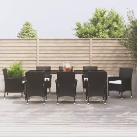 Set da Pranzo da Giardino 9 pz con Cuscini Nero in Polyrattan