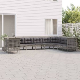 Set Divani da Giardino 10 pz con Cuscini in Polyrattan Grigio