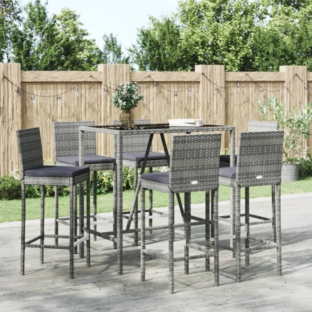 Set Bar da Giardino 7 pz con Cuscini in Polyrattan Grigio