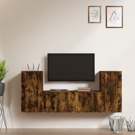 Set di Mobili Porta TV 4 pz Rovere Fumo in Legno Multistrato