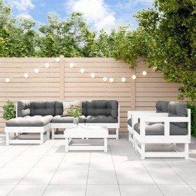 Set Divani da Giardino 7pz con Cuscini in Legno Massello Bianco