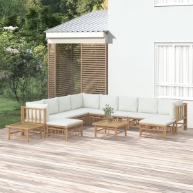 Set Salotto da Giardino 12pz con Cuscini Bianco Crema in Bambù