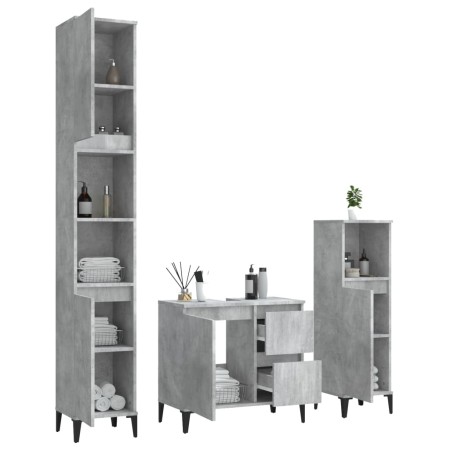 Set di Mobili da Bagno 3 pz Grigio Cemento in Legno Multistrato