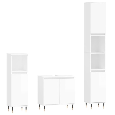 Set Mobili da Bagno 3 pz Bianco Lucido in Legno Multistrato