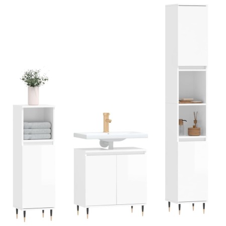 Set Mobili da Bagno 3 pz Bianco Lucido in Legno Multistrato