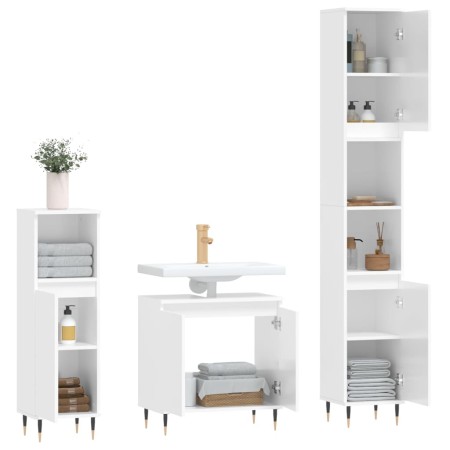 Set Mobili da Bagno 3 pz Bianco Lucido in Legno Multistrato