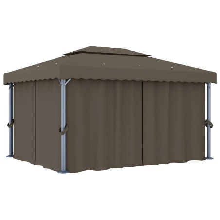 Gazebo con Tende e Stringa di Luci LED 4x3 m Grigio Talpa