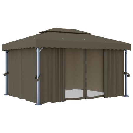 Gazebo con Tende e Stringa di Luci LED 4x3 m Grigio Talpa