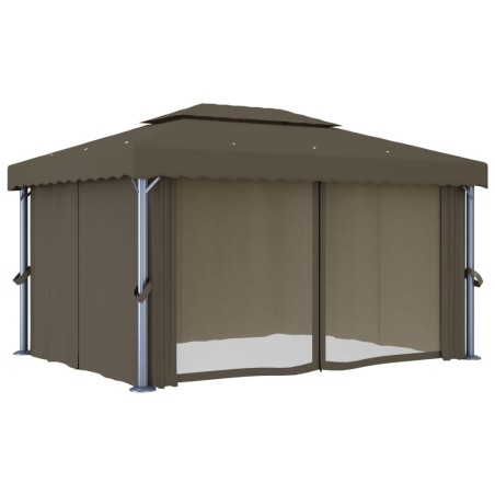 Gazebo con Tende e Stringa di Luci LED 4x3 m Grigio Talpa