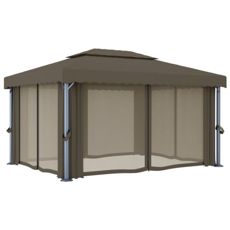 Gazebo con Tende e Stringa di Luci LED 4x3 m Grigio Talpa