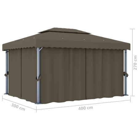 Gazebo con Tende e Stringa di Luci LED 4x3 m Grigio Talpa