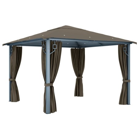 Gazebo con Tende e Luci LED 300x300 cm Grigio Talpa Alluminio