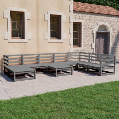 Set Divani da Giardino 9 pz Grigi in Legno Massello di Pino